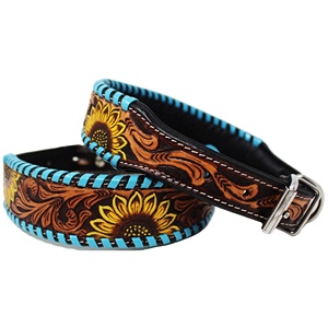 Colliers de chien en cuir de haute qualité rembourrés doux avec conception usinée à la main de tournesol et couture de fouet tailles personnalisées à bas prix - Product Image 5