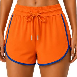 Shorts de course pour femmes orange avec passepoil bleu roi, en polyester, séchage rapide, taille élastique avec cordon de serrage, pour athlétisme, gym et fitness, OEM - Product Image 1