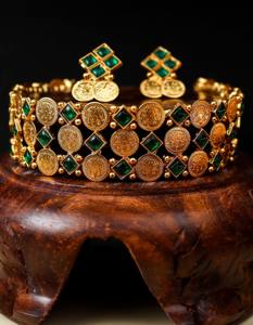 High Quality Matte Finish <b>Gold</b> Plated Copper Alloy Coin Choker <b>Set</b> Synthetic Stone Temple Indian Ethnic Women's Jewelry <b>Sets</b> - Product Image 1