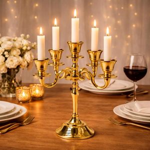 Aluminium 5 Arm 8inch Gold Candelabra for Dining Table | Vintage <b>Candle</b> Stand for Romantic <b>Dinner</b> Home & Wedding Décor - Product Image 2