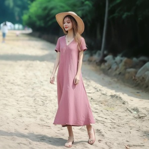 Robe midi évasée taille haute à manches cloche, coupe ample, style vintage décontracté, respirante, grande taille, 100 % coton, faite à la main pour femme - Product Image 1