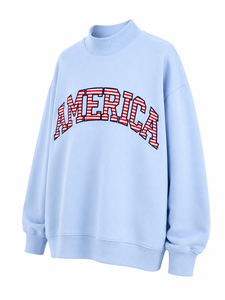 เสื้อสเวตเชิ้ตคอกลมสีฟ้าอ่อนทรงโอเวอร์ไซส์ พิมพ์ลายตัวอักษร America ขายส่ง เสื้อสเวตเชิ้ตคอกลมทรงโอเวอร์ไซส์สำหรับผู้หญิง ผ้าฟลีซ - Product Image 2