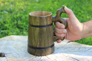 Stylish Viking Beer Mug Classic Style Wooden Handmade <b>Retro</b> Brown Oak Carving Custom Pattern Smart Feature <b>Microwave</b> Safe - Product Image 6