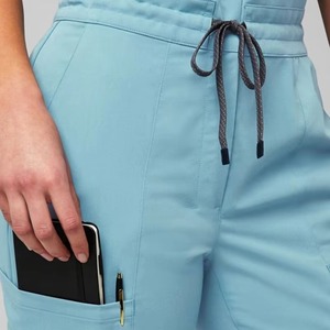 Women Light Blue 100% Cotton Scrub Set with Pockets Needle Detection Drawstring Waist for Hospital Use - Product Image 6