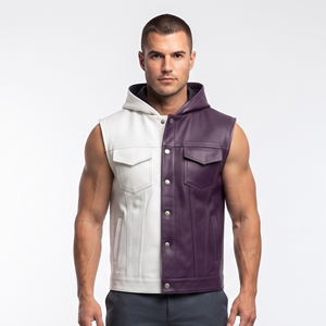 Gilet à capuche sans manches en cuir pour homme avec boutons et poches – Vente en gros de gilets à capuche en cuir sans manches pour homme – Mode masculine - Product Image 1