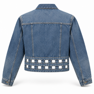 Chaqueta vaquera unisex personalizada OEM con corte recortado, cintura con aberturas, azul lavado, estilo streetwear, abrigo vaquero de marca privada directo de fábrica - Product Image 4