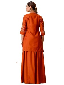 Kurta en soie brodée pour femme, col en V fendu, longueur courte, séchage rapide, avec salwar kameez indien à jambes larges et évasées - Product Image 4