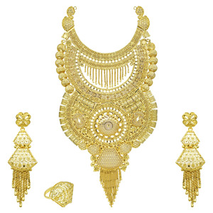 Wholesale Heavy 14K 18K 24K Gold Plated Dubai Style Bridal Set Traditional Floral Design Motif Long Jewelry Set Fashion Jewelry - Product Image 1