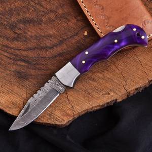 Couteau utilitaire pliant en acier Damas SHARP POINT TRADES, lame droite, ouverture par bouton de pouce, manche en bois, design artistique, OEM - Product Image 3