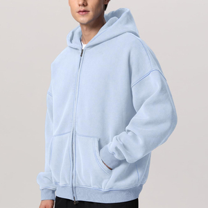 Unisex Oversized <b>Hooded</b> Fleece <b>Zip</b>-Up Sweatshirt Solid Light Blue Casual Winter Wear 100% Cotton Knitted Fabric Quick Dry 300g - Product Image 4