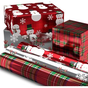 Carta da Regalo Natalizia con Fiocchi di Neve e Pupazzi di Neve a Contrasto, 3 Rotoli con 60 Piedi Quadrati Totali, Rosso Verde Blu - Product Image 1