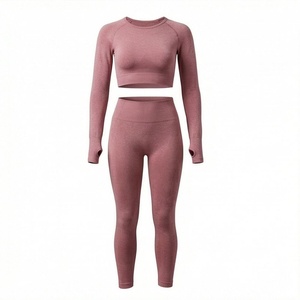 Ensemble de yoga pour femmes avec haut court à manches longues et leggings taille haute, avec trous pour les pouces, tenue de sport sans couture unie - Product Image 1