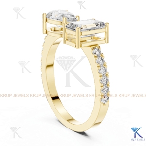 Custom Lab Grown CVD Diamond Toi et Moi Ring Pear Emerald Cut Pave <b>Solid</b> Gold - Product Image 2