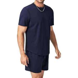 Five B Men's Navy Blue Crew Neck T-Shirt And Shorts <b>Set</b> Quick Dry <b>Knitted</b> Solid Color Casual Summer Wear Plus Size 2026 - Product Image 3