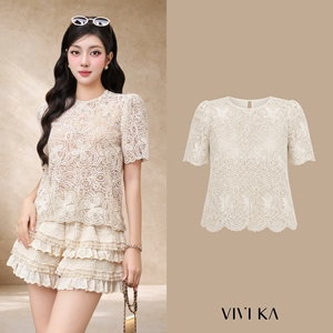 <b>Women's</b> Cream Floral Lace Short Sleeve Blouse with <b>Mesh</b> Lining Scalloped Hem Elegant Lace <b>Top</b> Casual Style ASTORIE - Product Image 1