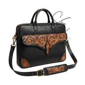 Western Real Leather Messenger Bag Floral Tooled Laptop Bag Adjustable Strap Business <b>Briefcase</b> Unisex - Product Image 1