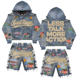 Fabricante de ropa de calle de algodón grueso para hombre, personalizada, de invierno, teñida lisa, con lavado vintage, efecto desgastado, bordado y pedrería - Product Image 3