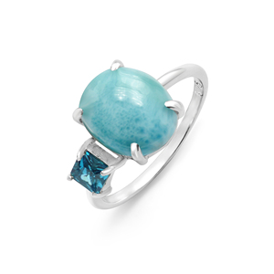 Anillo de Boda Clásico y Único de Plata de Ley S925 con Gema Cabujón de Topacio Azul Larimar Ovalado Natural, Joyería Fina - Product Image 3