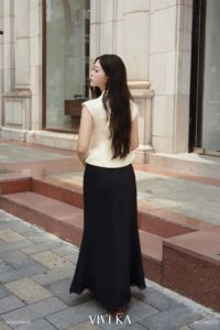 VIVI KA <b>Women</b> Elegant Solid Cream V-Neck Vest Short <b>Waistcoat</b> Asymmetrical Hem Covered Button 100% Polyester GLENDA - Product Image 3