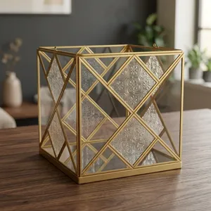 Artisan Design Handmade Geometric <b>Brass</b> <b>Lantern</b> with Mirrored Glass Panels Embossing Home Decoration Votive Holder Model VO951 - Product Image 5