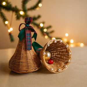 Ornement cloche en rotin fait main avec ruban à carreaux, décoration suspendue, artisanat traditionnel d'intérieur, cadeau de Noël par Curio Craft - Product Image 3