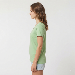 T-shirt à manches courtes col en V pour femme, vert uni, 100% coton, décontracté, respirant, pour le printemps et l'été, coupe classique, jersey tricoté - Product Image 3
