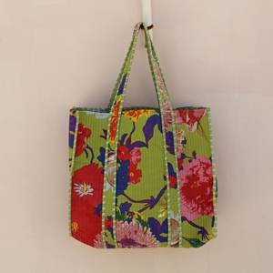 Vibrant Floral Quilted 100% Cotton <b>Medium</b> Tote <b>Bag</b> Long Handle Red White Strips Tropical Palm Print Travel And Everyday Use - Product Image 4