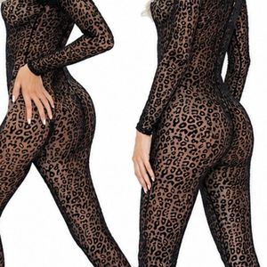 Combinaison moulante longue à imprimé léopard pour femme, col roulé, fermeture éclair sur le devant, design ajouré, style clubwear - Product Image 6