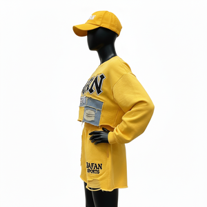 Ensemble court en molleton 100 % coton brossé doux pour femme, jaune avec empiècements en jean, effet vieilli, logo personnalisé - Product Image 3