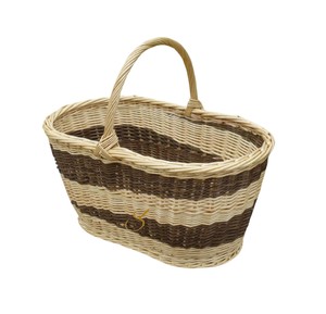 Rattan Picnic <b>Basket</b> Boat Shaped Two Tone Striped <b>Wicker</b> <b>Storage</b> Hamper with High Handle Open Top Garden Flower Gathering <b>Basket</b> - Product Image 1