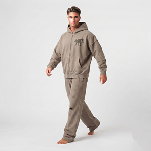 Custom Solid Color Men Cotton Fleece Jogger Set Distressed <b>Full</b> <b>Zip</b> <b>Hoodie</b> Drop Shoulder Relaxed Fit Tracksuit - Product Image 5