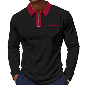 Polo de Punto de Manga Larga para Hombre, Color Sólido, con Bolsillo, Corte Regular Informal, Cuello con Cremallera Delantera, Naranja y Negro - Product Image 2