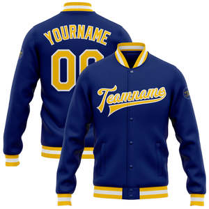 Chaqueta Varsity Casual Azul Rey y Dorado para Hombre, Otoño, Personalizada con Bordado, Botones a Presión, Estilo Béisbol, Fabricante de Marca Privada - Product Image 1