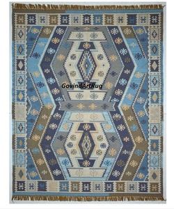 Tapis de salon marocain géométrique Kilim fait main, rectangulaire, en laine et acrylique, à poils moyens, avec envers antidérapant en latex, écologique - Product Image 5