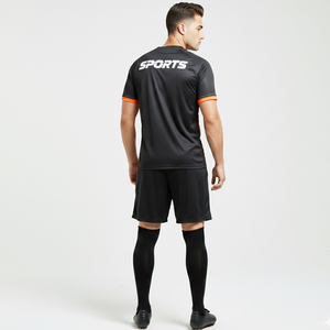 Maillots de football formels à séchage rapide avec short assorti, en noir et orange, designs personnalisés et impression par transfert par sublimation - Product Image 6