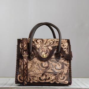 Bolso Tote de Cuero Genuino con Patrón Bordado, Cierre de Broche, Estilo Vintage para Uso Diario - Product Image 1
