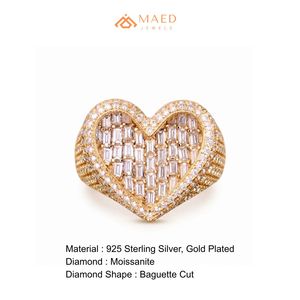 Anillo de Moissanita con Corazón, Chapado en Oro, con Pavé de Baguettes, Anillo Elegante de Lujo para Hombre y Mujer, Estilo USA - Product Image 6