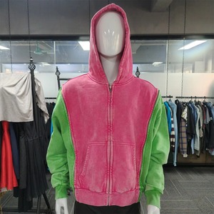 Sweat-shirt à capuche unisexe à blocs de couleur, zippé, en polaire, coupe oversize décontractée, vert rose, coupe classique, pour l'automne - Product Image 1