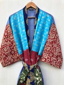 Robe kimono en soie patchwork faite à la main pour femmes, grande taille, respirante, longueur genou, imprimé indien, style bohème, vêtement de nuit d'automne - Product Image 4