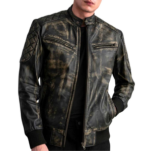 Veste en cuir vintage pour homme, col matelassé, fermeture éclair, coupe classique, streetwear, vêtements d'extérieur pour l'hiver - Product Image 4