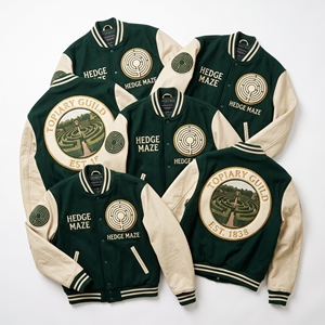 Chaqueta Bomber Varsity de Lana con Mangas de Cuero y Bordado de Laberinto, Parche de Laberinto, Abrigo Verde - Proveedor de Ropa - Product Image 1