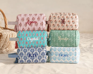 Sac de maquillage matelassé en coton imprimé floral portable, avec poignée, broderie personnalisée, grande capacité, vente en gros - Product Image 1