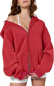 <b>Women</b> Solid <b>Red</b> Hooded Sweatshirt Casual Long Sleeve Pullover with Drawstring Kangaroo Pocket - Product Image 5