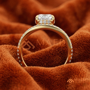 Luxury Round Cut Halo Diamond Engagement <b>Ring</b> <b>Split</b> Shank Pavé Band – 14K Yellow Gold - Product Image 3