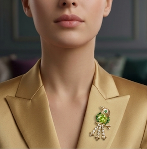 Broche et pendentif de luxe en or 14 carats plaqué rhodium, design oiseau, diamants de laboratoire, pierre précieuse verte pour femmes |   Bijoux fins de créateur - Product Image 4