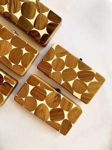 Round Bamboo <b>Clutch</b> Purse with Coin Chain Strap and <b>White</b> Bead Frame Sustainable Fashion Jewelry Wood <b>Bag</b> Event Accessory - Product Image 3