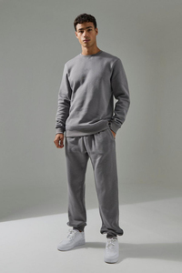 Unisex Heavyweight Cotton Tracksuit Crew Neck Full Sleeve Solid Color Casual <b>Jogger</b> Set Side Pockets Elastic Waist 2 1 Design - Product Image 1