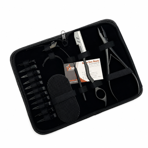 Pince à micro-perles à trou unique pour extensions de cheveux, avec système Velcro, lame de rasoir, en acier inoxydable noir mat, et clip de séparation à boucle - Product Image 1