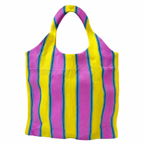 Ellora Colorful Recycled <b>Nylon</b> Fabric Medium <b>Tote</b> Bag with Striped Design Shoulder Handle Reusable for Daily Use - Product Image 1