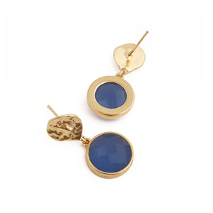 Pendientes colgantes de ágata chapados en oro para mujer, con engaste clásico, joyería de moda, pendientes de piedra redonda azul tinta - Product Image 2